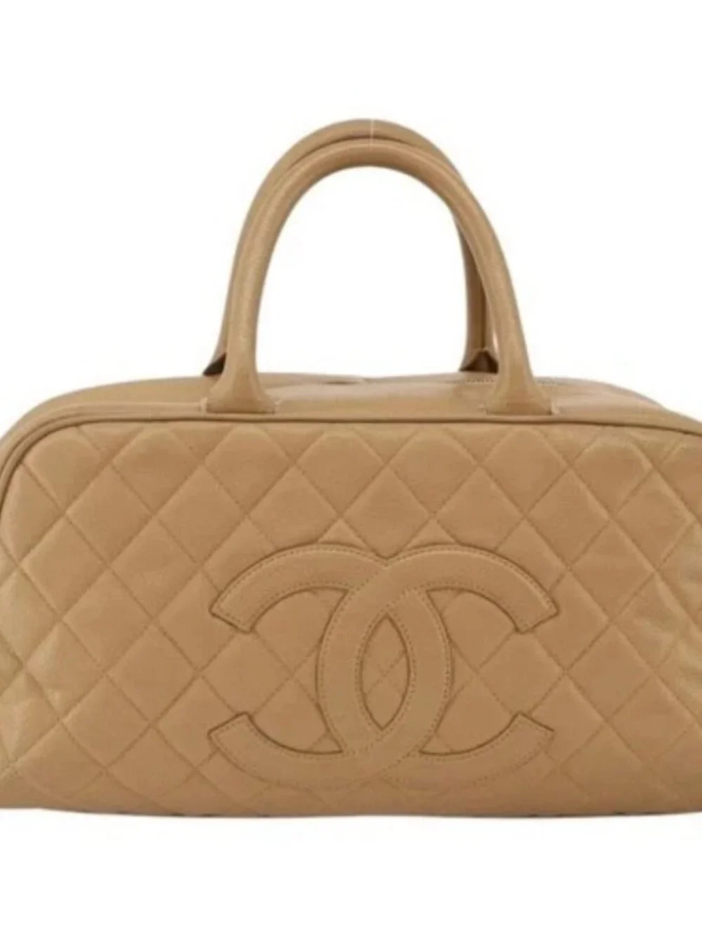 CHANEL Matelasse Boston Bag Grained Calf Skin Beige Gold CC Auth mr2295